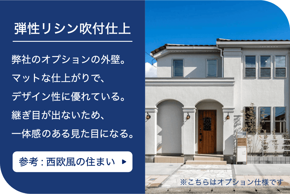 弾性リシン吹付仕上：弊社のオプションの外壁。マットな仕上がりでデザイン性に優れている。
