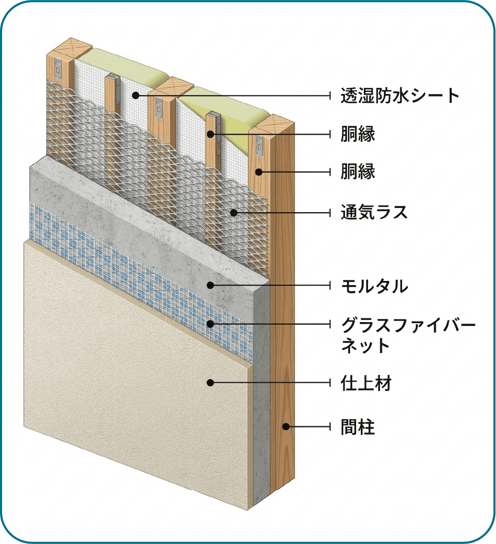 通気ラス工法の断面図と説明